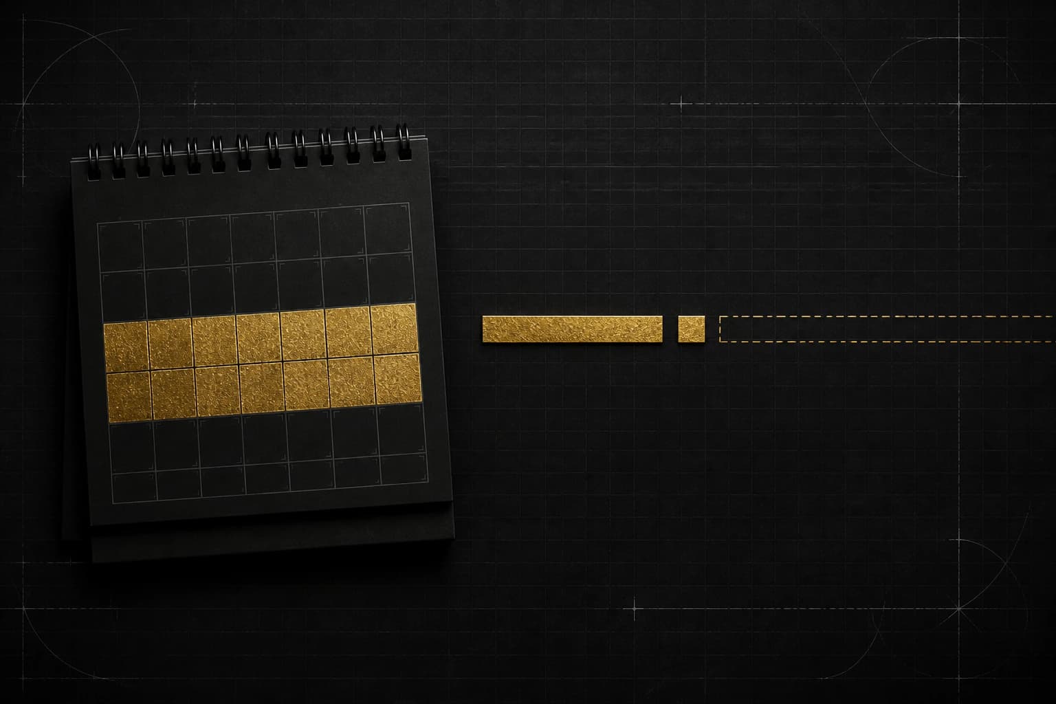 A calendar with two weeks marked, then a progress bar that turns dashed with no return date