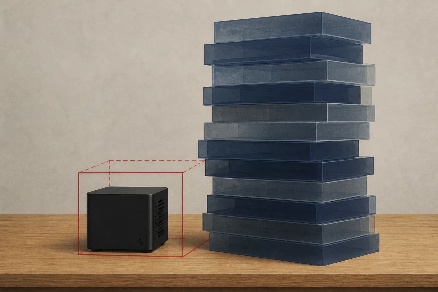 A small black cube computer on a wooden bench inside a red dashed capacity outline, next to a stack of translucent weight blo