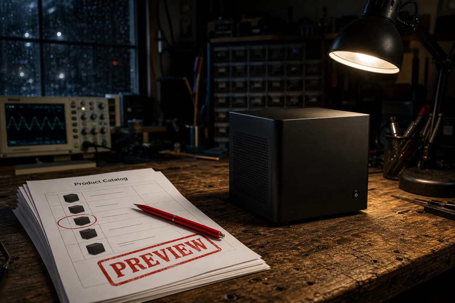 A product catalog page stamped PREVIEW next to a small cube computer on a lab bench