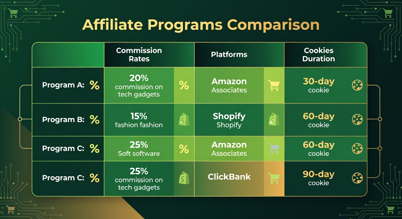Affiliate program comparison showing commission rates and features