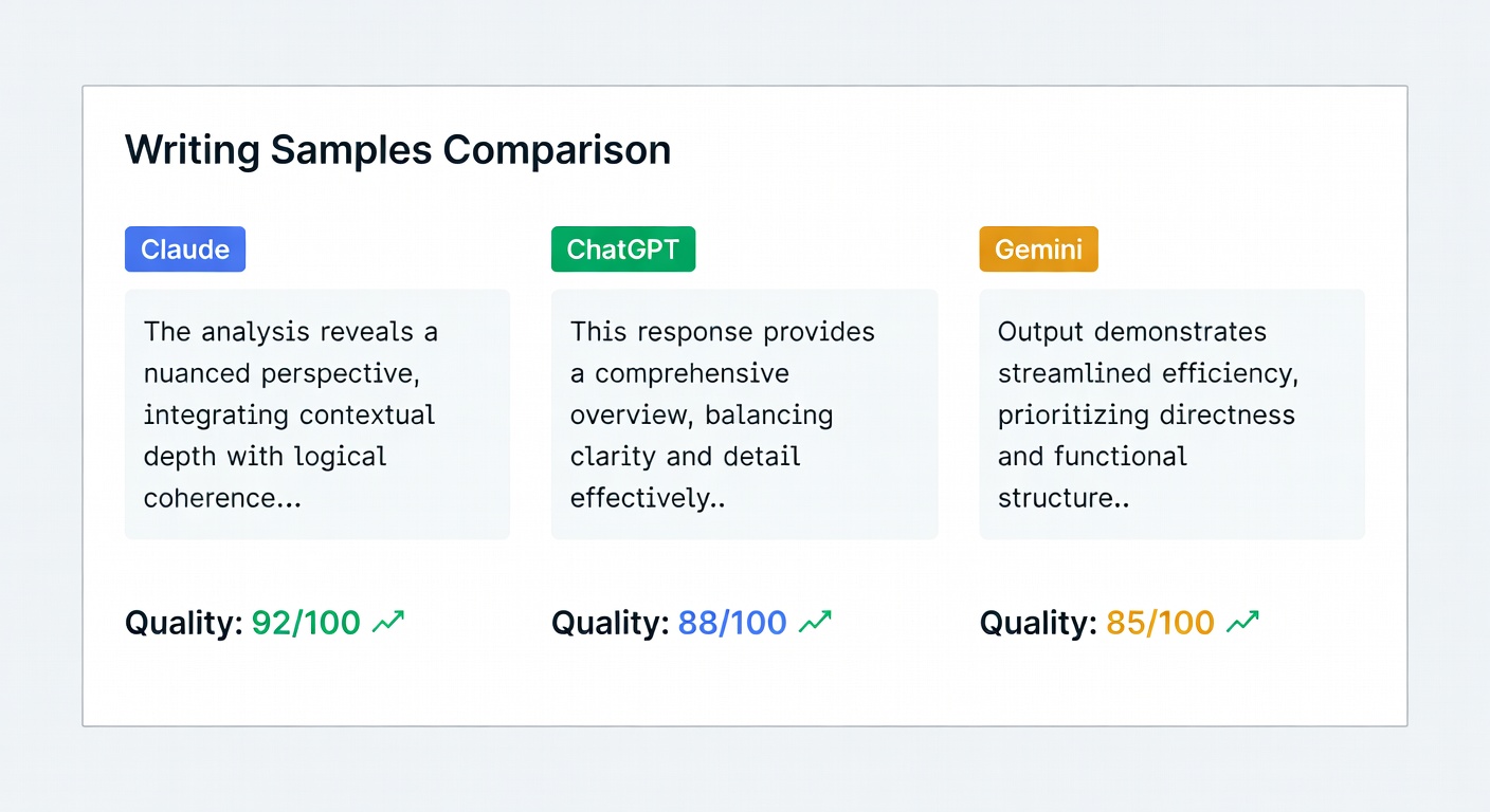 Side-by-side text comparison showing writing samples from each AI model