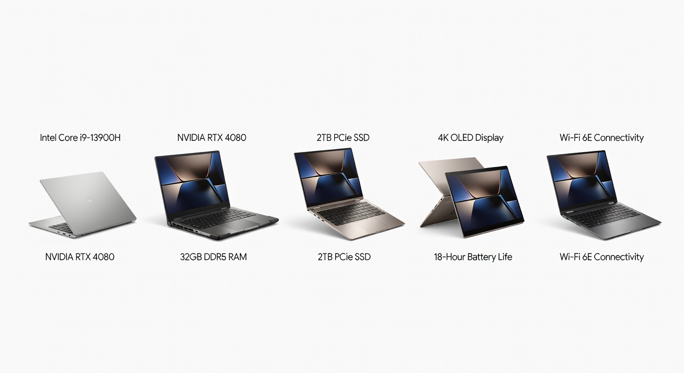 All five laptops side by side showing size and thickness comparison