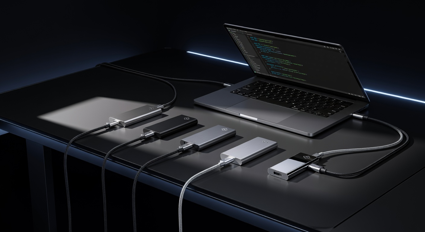 All five portable SSDs arranged for size comparison on a desk