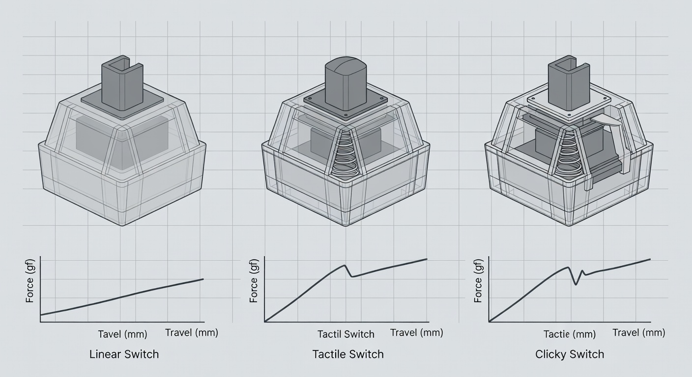 Close-up cross-section comparison of linear, tactile, and clicky switch mechanisms
