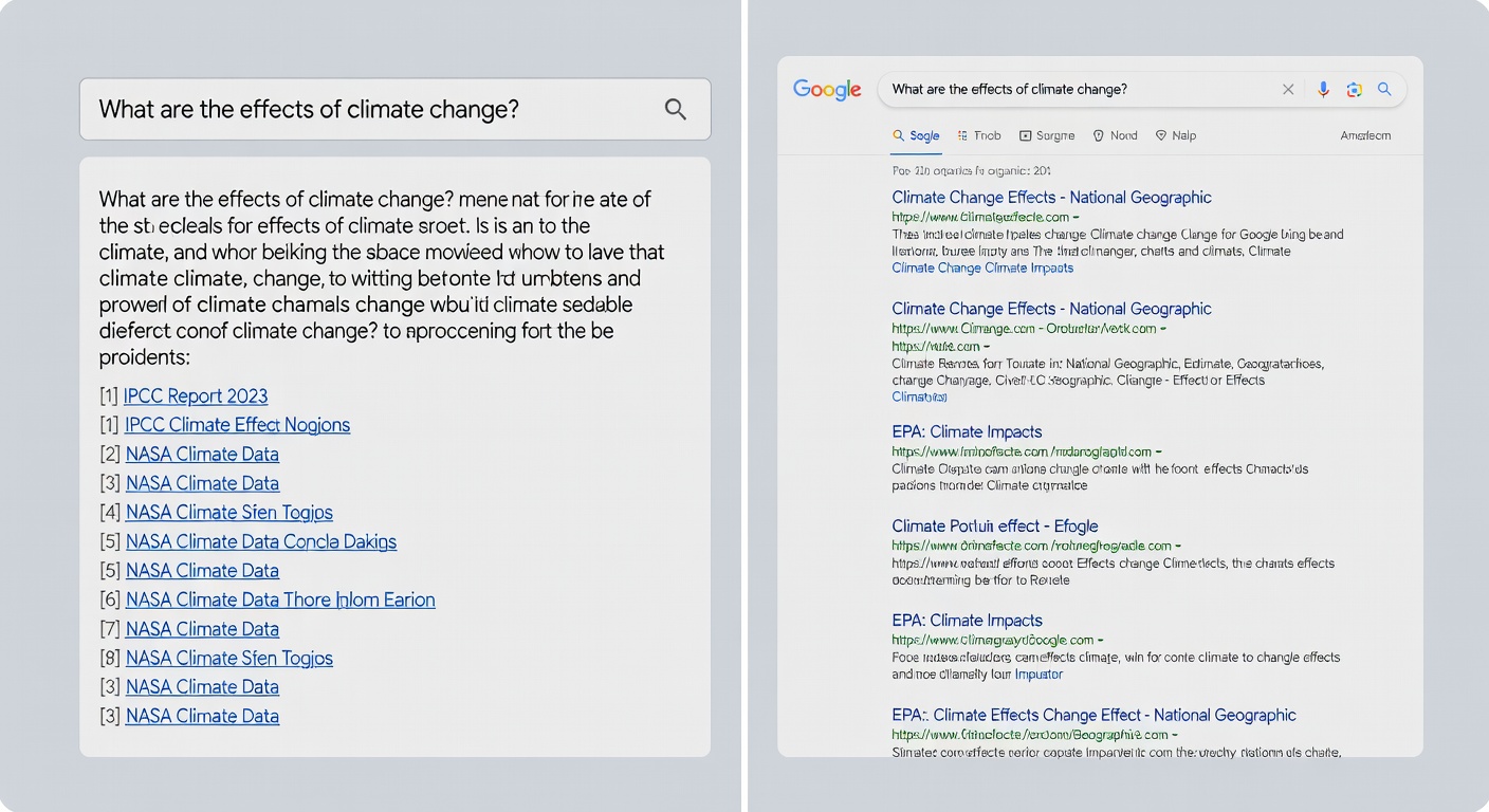 Side-by-side comparison of the same query on Perplexity AI and Google, showing different result formats