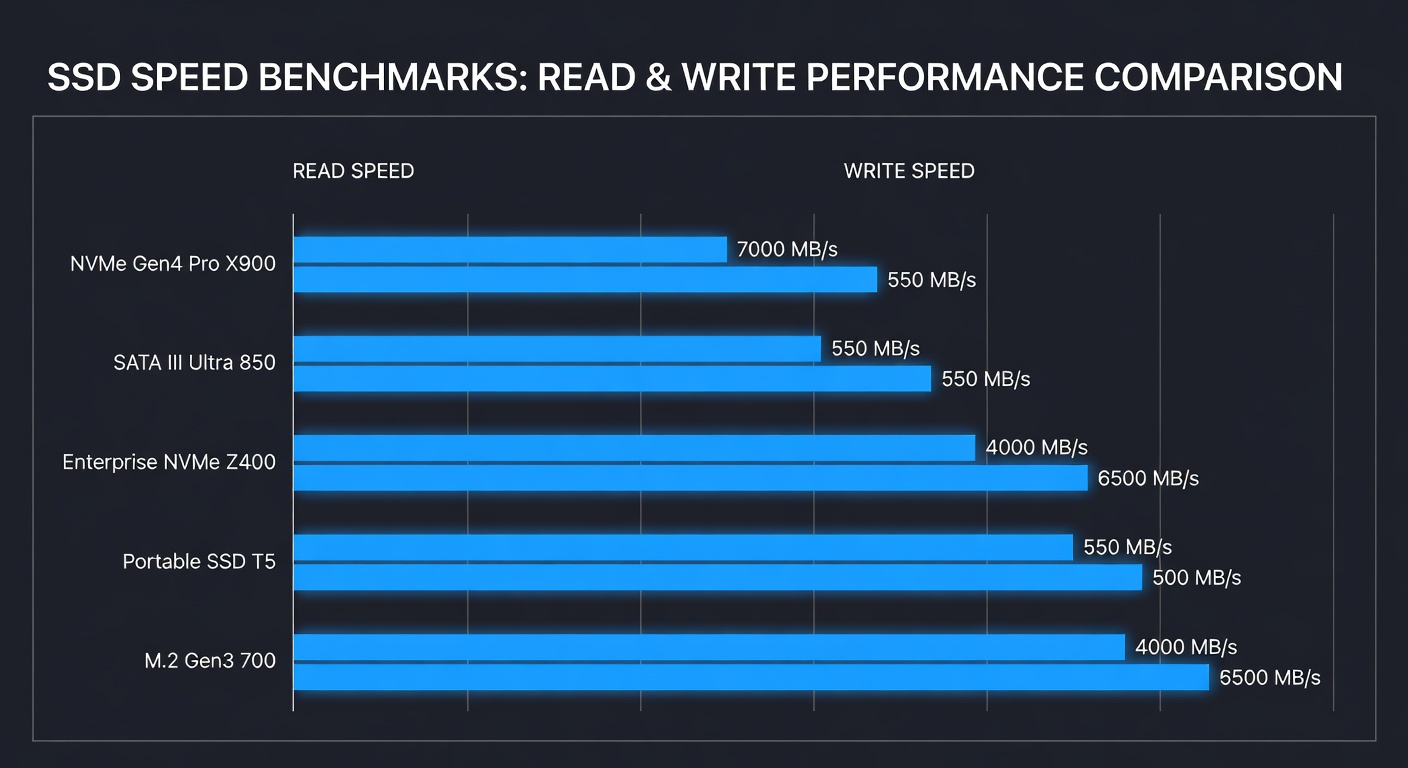 Speed benchmark comparison chart for all five SSDs