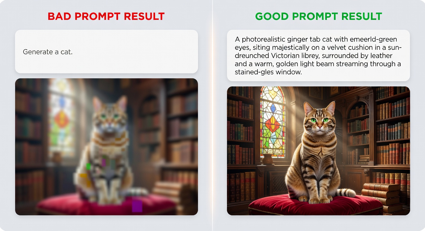 Side-by-side comparison showing vague vs specific prompt results with quality differences highlighted
