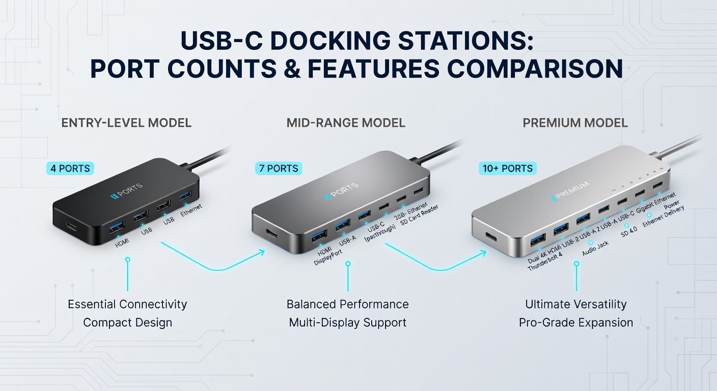 USB-C docking station comparison chart showing ports, power delivery, and display support for top picks
