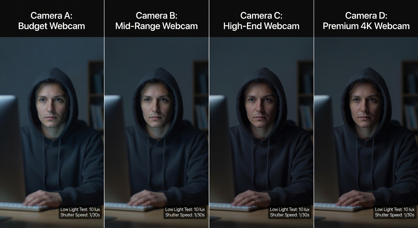 Side-by-side webcam image quality comparison in dim office lighting